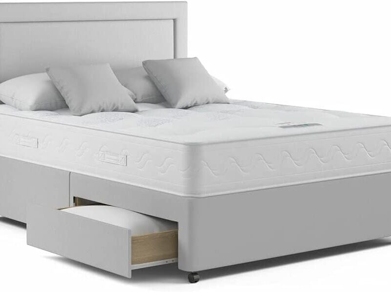 Rapyal Sleep 4FT Small Double 120cm x 190cm Grey Linen Divan Bed with Deluxe Mattress, Matching Headboard 24" and 2 free Storage drawers