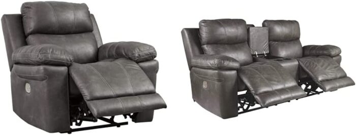 Signature Design by Ashley Erlangen Faux Leather Power Recliner with Adjustable Headrest & USB Charging Port, Gray & Erlangen Faux Leather Power Reclining Loveseat with Console, Gray