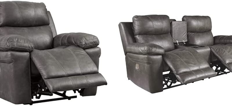 Signature Design by Ashley Erlangen Faux Leather Power Recliner with Adjustable Headrest & USB Charging Port, Gray & Erlangen Faux Leather Power Reclining Loveseat with Console, Gray
