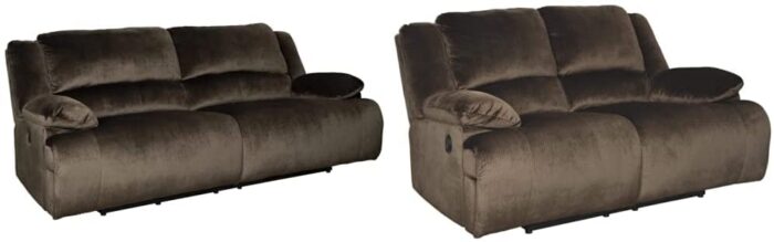 Signature Design by Ashley Clonmel Microfiber Extra Wide Seat Adjustable Power Reclining Sofa, Brown & Clonmel Microfiber Extra Wide Manual Reclining Loveseat, Brown