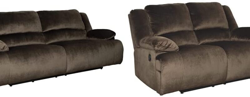 Signature Design by Ashley Clonmel Microfiber Extra Wide Seat Adjustable Power Reclining Sofa, Brown & Clonmel Microfiber Extra Wide Manual Reclining Loveseat, Brown