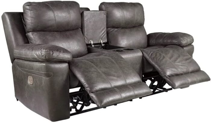 Signature Design by Ashley Erlangen Faux Leather Power Recliner with Adjustable Headrest & USB Charging Port, Gray & Erlangen Faux Leather Power Reclining Loveseat with Console, Gray - Image 6