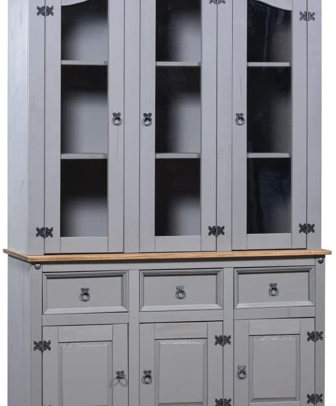 vidaXL Solid Wood Mexican Pine Buffet & Hutch Corona Range Sideboard Display Cabinet Highboard Living Room Cabinet Glass Wooden Drawer Cabinet Grey