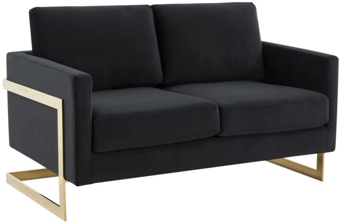 LeisureMod Lincoln Modern Mid-Century Upholstered Velvet Loveseat with Gold Frame, Midnight Black