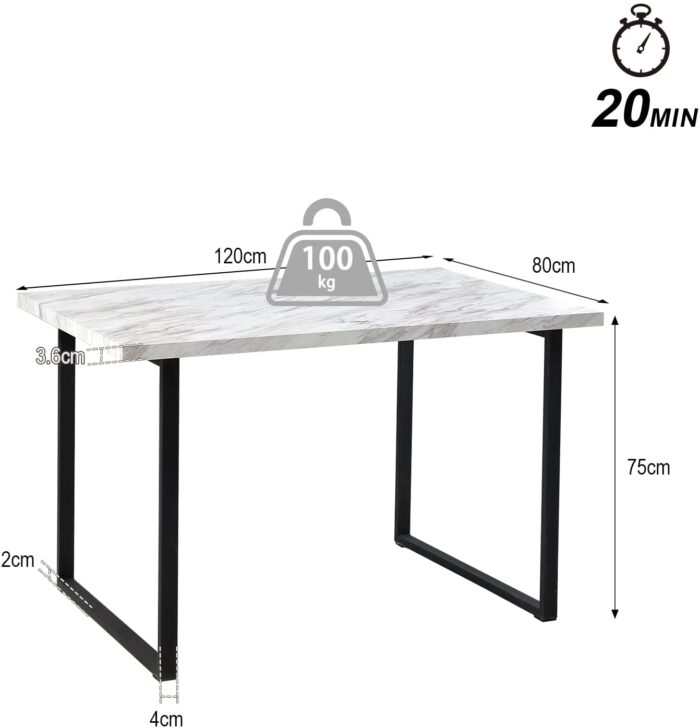 OFCASA Dining Table and Chairs Set of 4 Industrial Wood Dining Table with U Shaped Metal Legs and 4 Grey Velvet Dining Chairs with Armrests 4-6 Seater for Home Kitchen, White Marble 120cm - Image 7