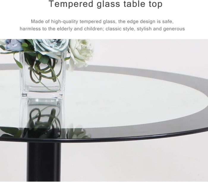 JEFFORDOUTLET Black Dining Table and Chairs Set of 4, Round Tempered Glass Table with High Back PU Leather Chairs - Image 3