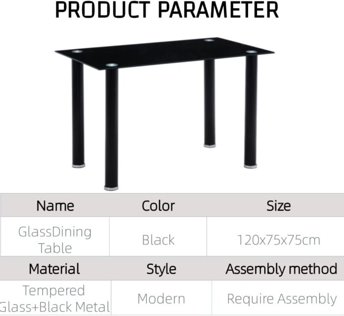 GOLDFAN Black Glass Dining Table Modern Rectangle Kitchen Dining Table with Metal Legs for Dining Room Lounge Office (Only Table) - Image 2