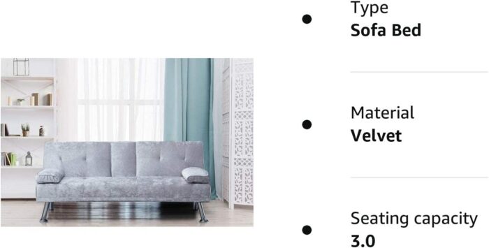 Comfy Living Italian Style Luxury Sofa Bed with Drink Cup Holder Table Crush Velvet 4 Colours (Silver) - Image 5