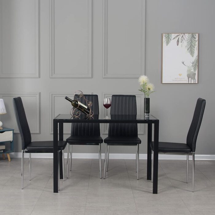 Panana Dining Table and Chairs Set 4, Modern Black Glass Dinning Table With 4 High Back Padded Faux Leather Chairs Set (Black A 105cm table+4 Chairs) - Image 8