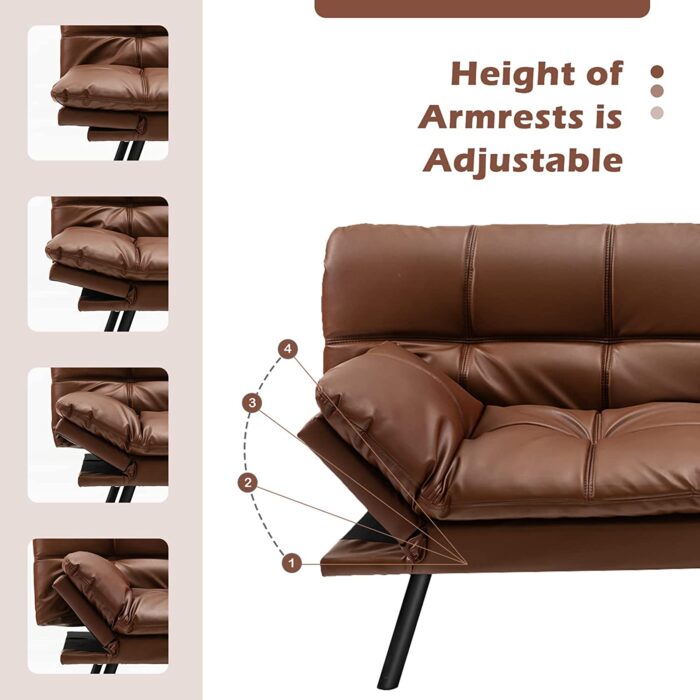 COSTWAY 2 Seater Convertible Sofa Bed, Click Clack Sleeper Couch with Reclining Backrest, Adjustable Armrests & 6 Metal Legs, Padded Loveseat Sofa for Living Room and Bedroom (PU Leather, Brown) - Image 5