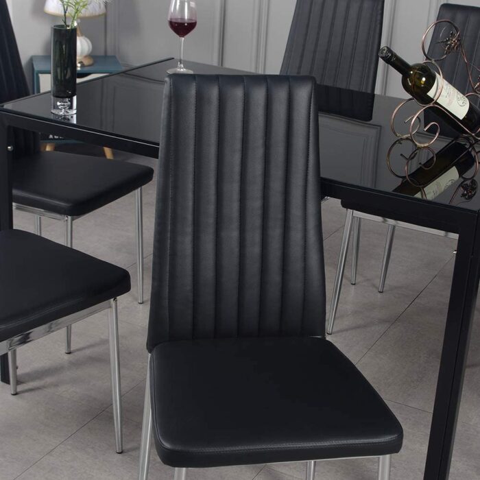 Panana Dining Table and Chairs Set 4, Modern Black Glass Dinning Table With 4 High Back Padded Faux Leather Chairs Set (Black A 105cm table+4 Chairs) - Image 5