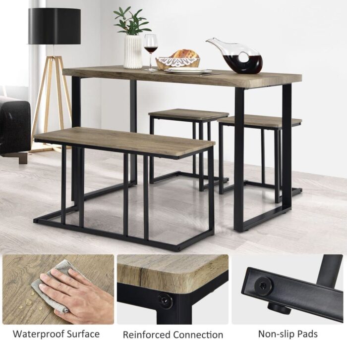 GiantexUK 4PCS Dining Set, Wooden Table with 2 Stools and Bench, Space Saving Kitchen Dining Room Sets for Restaurant Bar Cafe - Image 4