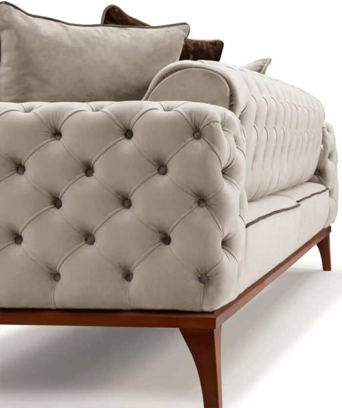 Emporium Corner sofa bed 3 and 2 seater Sofa sets, Chesterfield Sofa Grey and Cream Velvet Fabric with Buttoned Back A Timeless Chair bed Sofas & Couches for Living Room (Cream, 2 + 1 Seater) - Image 8