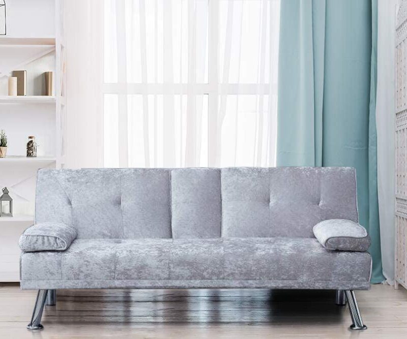 Comfy Living Italian Style Luxury Sofa Bed with Drink Cup Holder Table Crush Velvet 4 Colours (Silver)