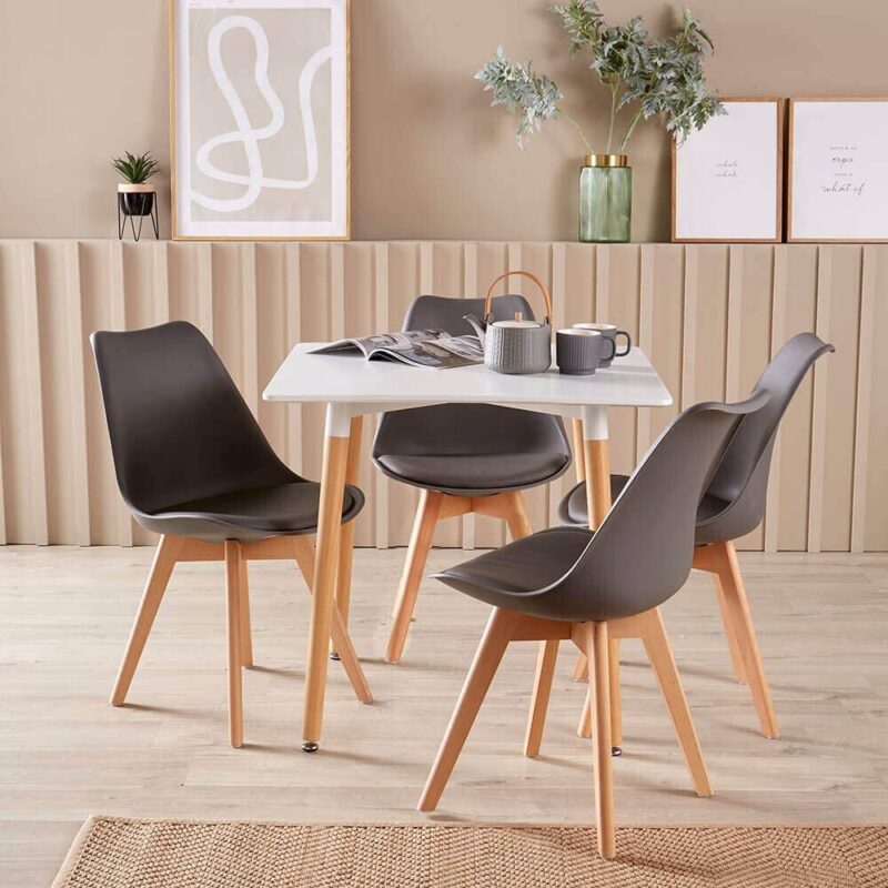 Home Source Modern White Kitchen or Dining Table Set 4 Padded Grey Chairs Wooden Legs, MDF, 80cmx80cm