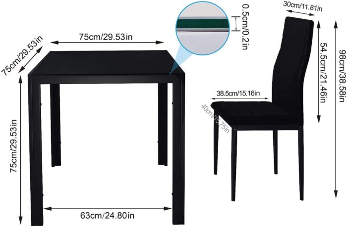 Jooli Glass Table and Chairs Set 4, 75cm Square Table with 4 Faux Leather High Back Chairs Modern Dining Room Sets for Home Kitchen Office, Black - Image 5