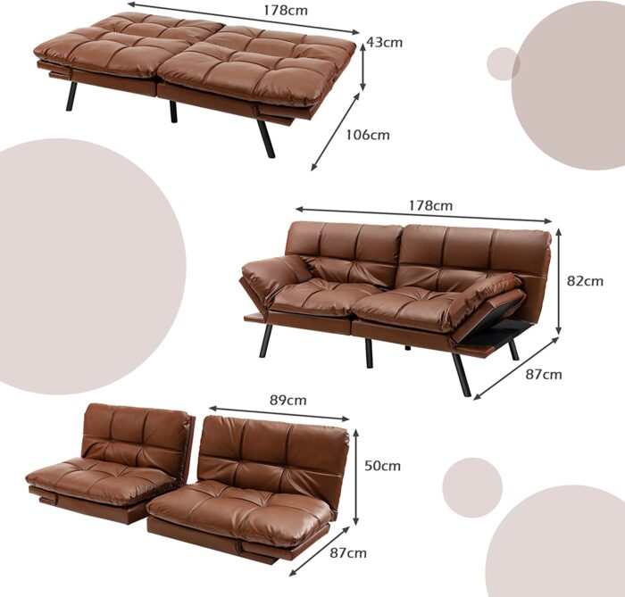 COSTWAY 2 Seater Convertible Sofa Bed, Click Clack Sleeper Couch with Reclining Backrest, Adjustable Armrests & 6 Metal Legs, Padded Loveseat Sofa for Living Room and Bedroom (PU Leather, Brown) - Image 3