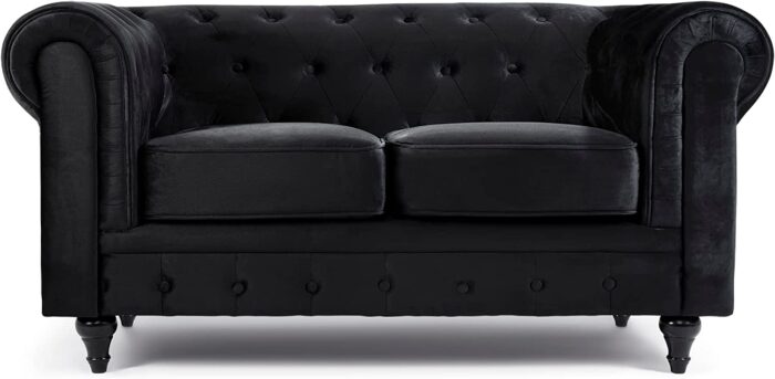 Bravich Velvet Chesterfield Sofa- Black. 2 Seater Settee, Soft Plush Fabric Couch. Living Room Furniture, Easy Clean. 2 Seater- 160cm x 90cm x 78cm