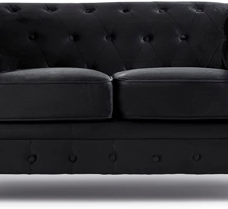 Bravich Velvet Chesterfield Sofa- Black. 2 Seater Settee, Soft Plush Fabric Couch. Living Room Furniture, Easy Clean. 2 Seater- 160cm x 90cm x 78cm