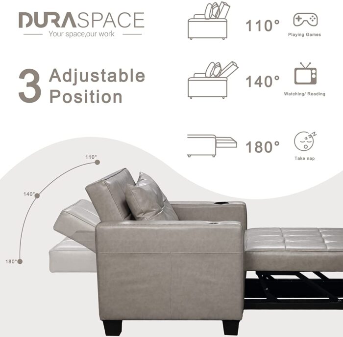 DURASPACE Sleeper Chair 3-in-1 Convertible Chair Bed Pull Out Sleeper Chair Beds Adjustable Single Armchair Sofa Bed with USB Ports, Side Pocket, Cup Holder for Small Space (Gray) - Image 5