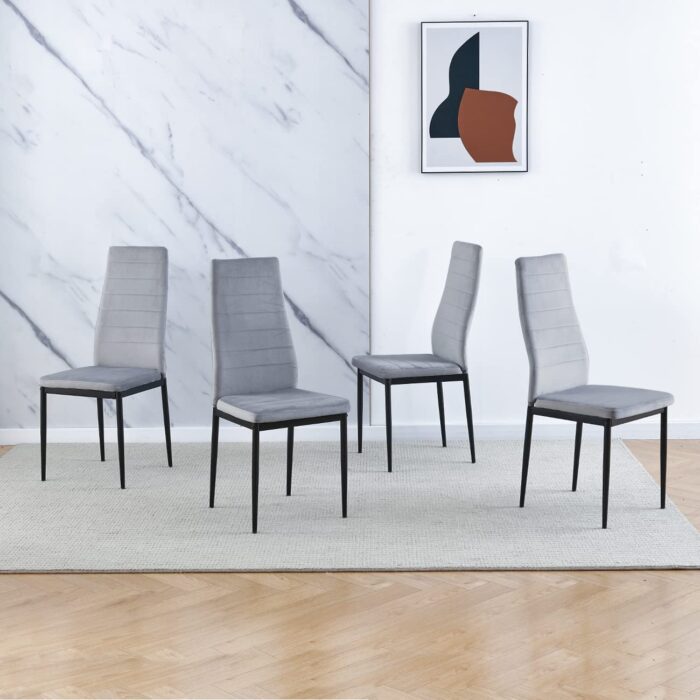 Modern Dining Room Set for 4, 110cm White Dining Table with Grey Velvet Dining Chairs Set of 4, 5-Piece Kitchen Table Set Dinette Set for Small Spaces, Space Saving Home Kitchen Furniture - Image 5