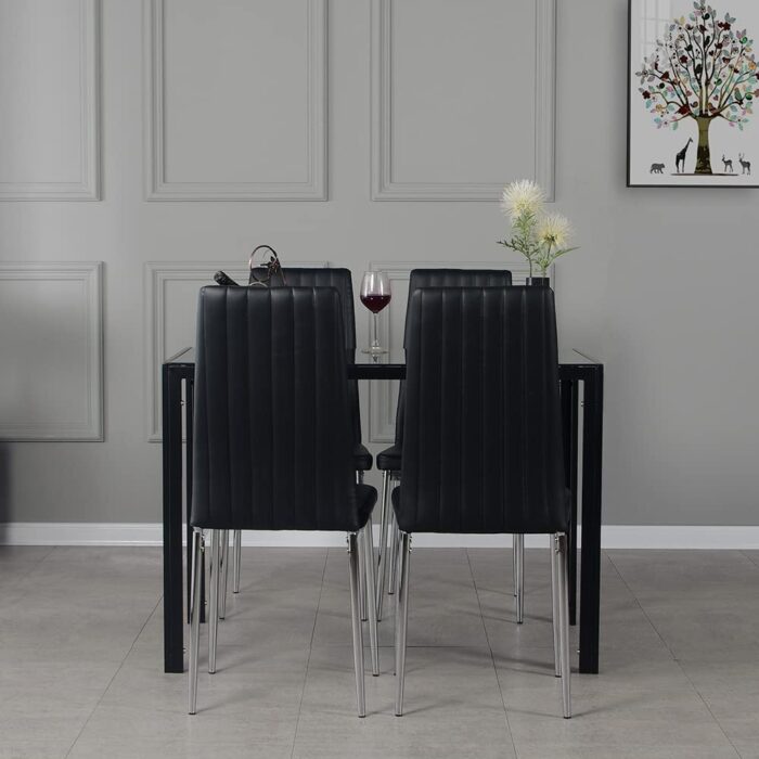 Panana Dining Table and Chairs Set 4, Modern Black Glass Dinning Table With 4 High Back Padded Faux Leather Chairs Set (Black A 105cm table+4 Chairs) - Image 2