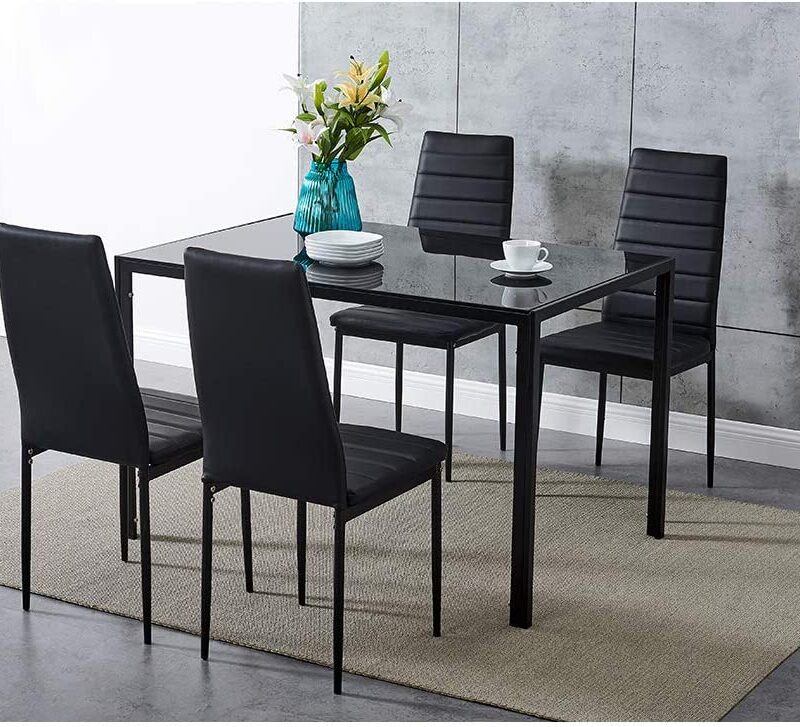 Dining Table and Chairs 4 Seater with Glass Room Leather Kitchen Furniture Set (Black Table120cm + 4 Black Chair)