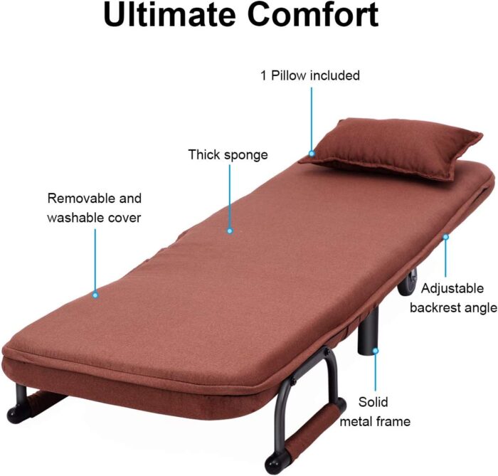 COSTWAY Single Folding Sofa Bed Chair Modern Fabric Sleep Function Holder W/Pillow & Wheel for Home Bedroom Living Room Office Indoor (Coffee) - Image 4