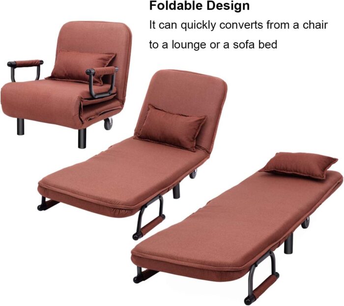 COSTWAY Single Folding Sofa Bed Chair Modern Fabric Sleep Function Holder W/Pillow & Wheel for Home Bedroom Living Room Office Indoor (Coffee) - Image 5