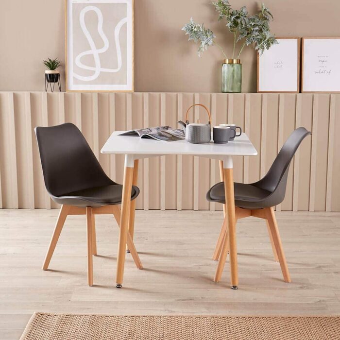 Home Source Modern White Kitchen or Dining Table Set 4 Padded Grey Chairs Wooden Legs, MDF, 80cmx80cm - Image 2
