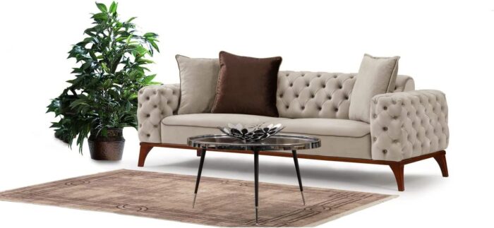 Emporium Corner sofa bed 3 and 2 seater Sofa sets, Chesterfield Sofa Grey and Cream Velvet Fabric with Buttoned Back A Timeless Chair bed Sofas & Couches for Living Room (Cream, 2 + 1 Seater)