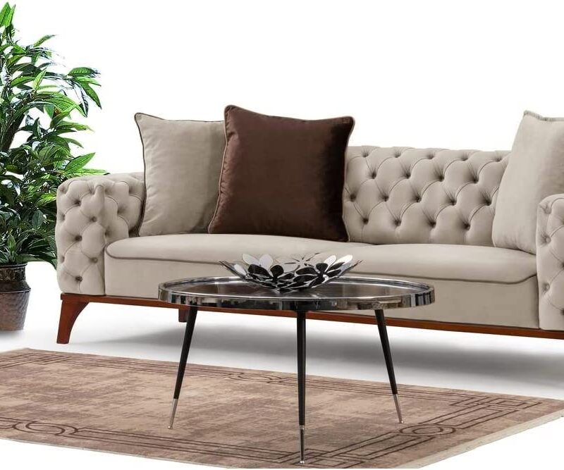 Emporium Corner sofa bed 3 and 2 seater Sofa sets, Chesterfield Sofa Grey and Cream Velvet Fabric with Buttoned Back A Timeless Chair bed Sofas & Couches for Living Room (Cream, 2 + 1 Seater)