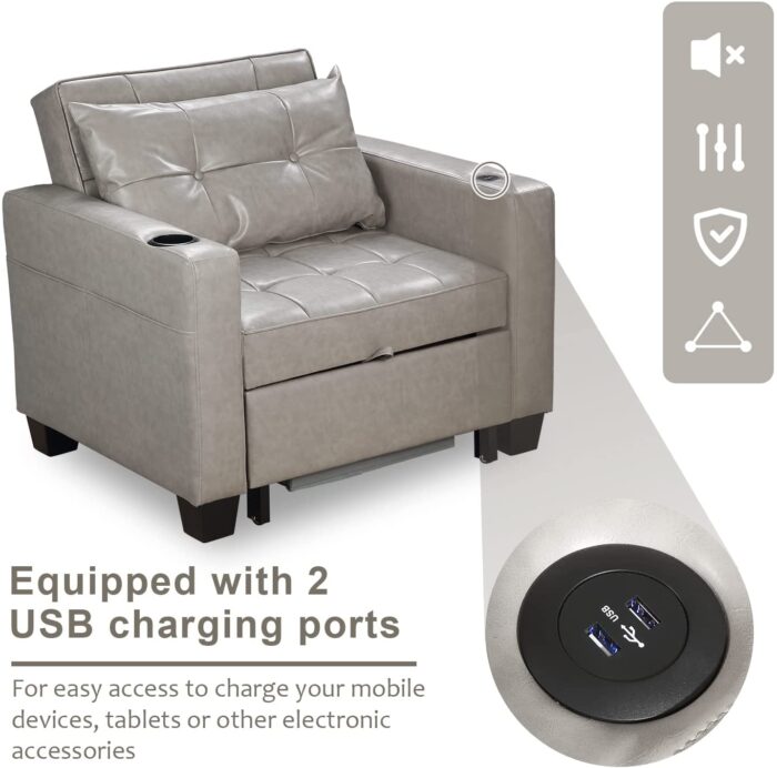 DURASPACE Sleeper Chair 3-in-1 Convertible Chair Bed Pull Out Sleeper Chair Beds Adjustable Single Armchair Sofa Bed with USB Ports, Side Pocket, Cup Holder for Small Space (Gray) - Image 4