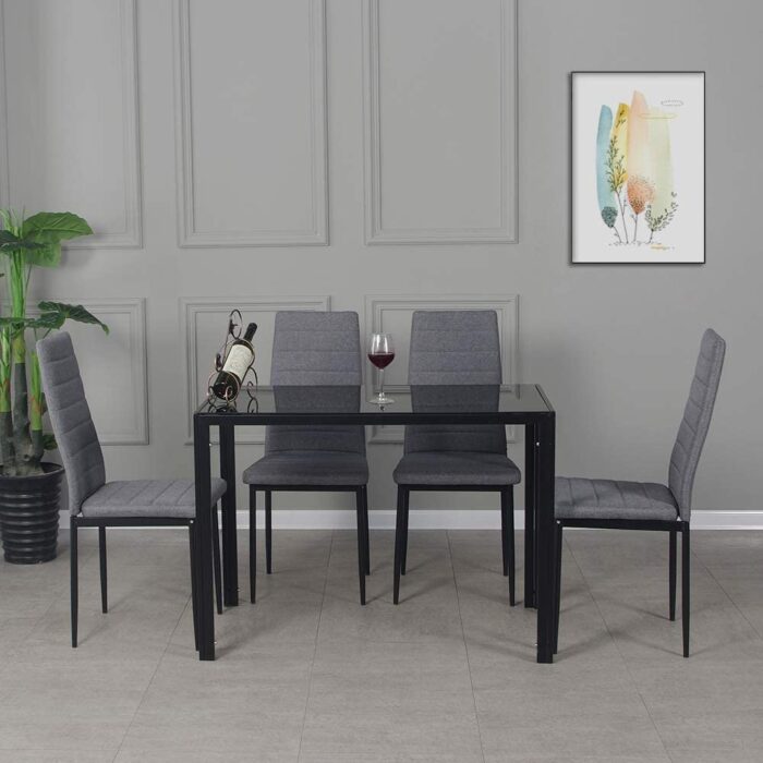 Panana Modern Gorgeous Glass Dinning Table with 4 Linen Grey Dinning Chairs Set (105CM Black Table with 4 Chairs) - Image 6