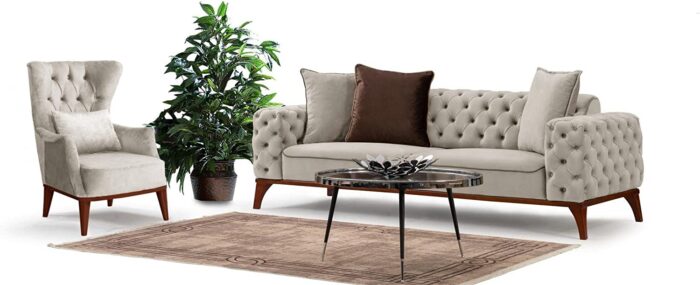 Emporium Corner sofa bed 3 and 2 seater Sofa sets, Chesterfield Sofa Grey and Cream Velvet Fabric with Buttoned Back A Timeless Chair bed Sofas & Couches for Living Room (Cream, 2 + 1 Seater) - Image 4