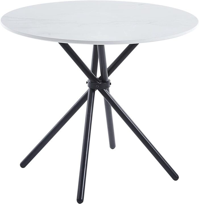 Hallowood Furniture Cullompton Small Round Dining Table and Grey Fabric Chairs Set of 4 with Black Metal Legs – Marble Effect Top Wooden kitchen table – Dining Table and Chairs for Home, Office & Café - Image 2