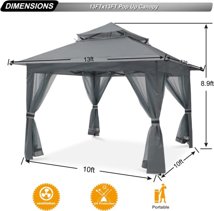 ABCCANOPY Pop Up Gazebo 13×13 – Outdoor Canopy Tent with Mosquito Netting for Patio Garden Backyard(Gray) - Image 5