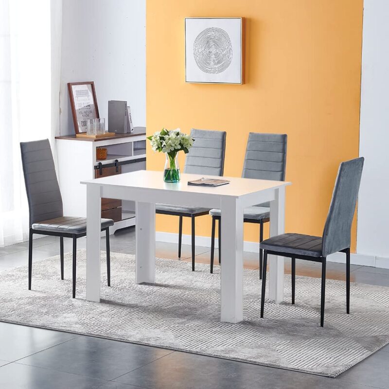 Modern Dining Room Set for 4, 110cm White Dining Table with Grey Velvet Dining Chairs Set of 4, 5-Piece Kitchen Table Set Dinette Set for Small Spaces, Space Saving Home Kitchen Furniture