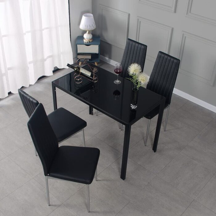 Panana Dining Table and Chairs Set 4, Modern Black Glass Dinning Table With 4 High Back Padded Faux Leather Chairs Set (Black A 105cm table+4 Chairs) - Image 3