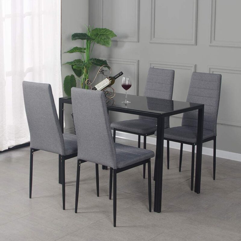 Panana Modern Gorgeous Glass Dinning Table with 4 Linen Grey Dinning Chairs Set (105CM Black Table with 4 Chairs)