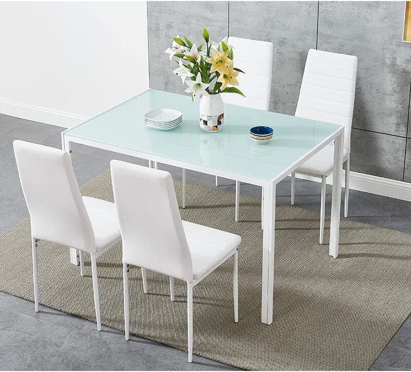Panana 5Pcs Modern Dining Room Set Glass Dining Table and 4 Faux Leather Chairs Home Kitchen Furniture Set (White, 105cm Table and 4 chairs)