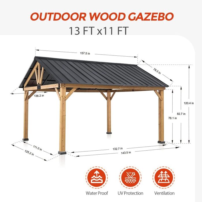 EAGLE PEAK 13×11 Solid Wood Patio Gazebo, Cedar Framed Outdoor Pavilion Cabana with Black Steel Gable Hardtop Roof, 12×10 Frame, Black - Image 5
