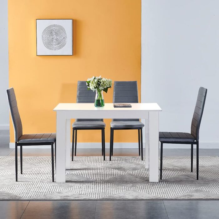 Modern Dining Room Set for 4, 110cm White Dining Table with Grey Velvet Dining Chairs Set of 4, 5-Piece Kitchen Table Set Dinette Set for Small Spaces, Space Saving Home Kitchen Furniture - Image 2
