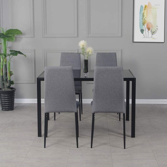 Panana Modern Gorgeous Glass Dinning Table with 4 Linen Grey Dinning Chairs Set (105CM Black Table with 4 Chairs) - Image 3