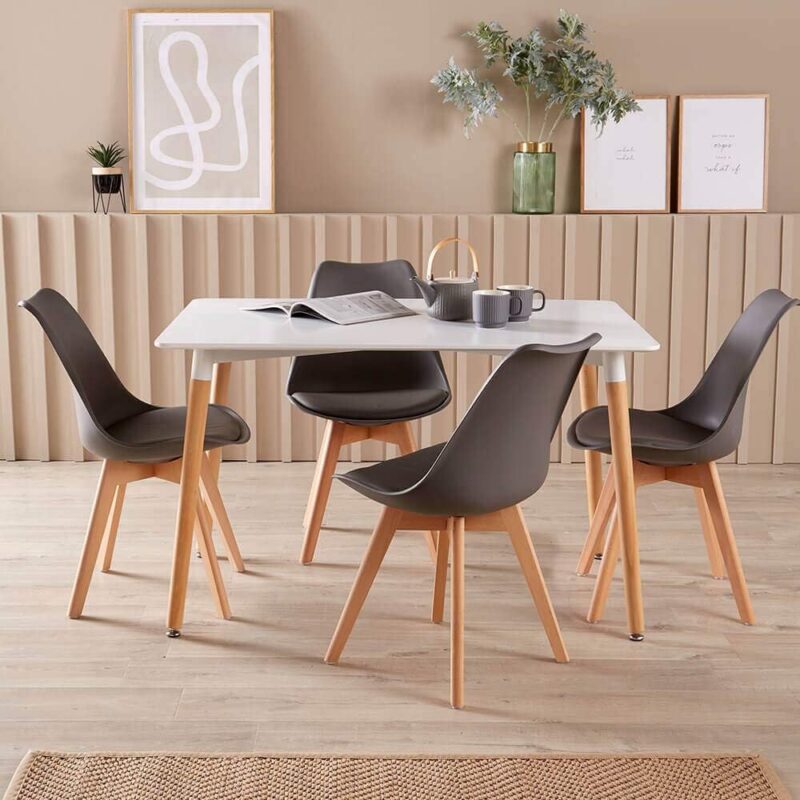 Home Source Modern White Kitchen or Dining Table Set 4 Padded Grey Chairs Wooden Legs, MDF, 120cmx80cm