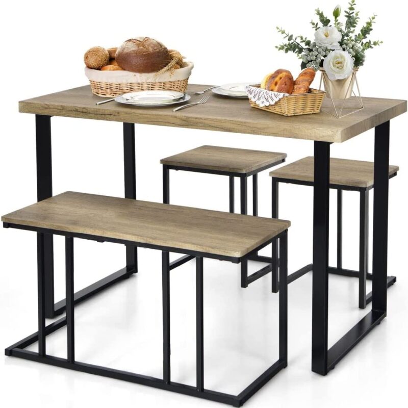 GiantexUK 4PCS Dining Set, Wooden Table with 2 Stools and Bench, Space Saving Kitchen Dining Room Sets for Restaurant Bar Cafe