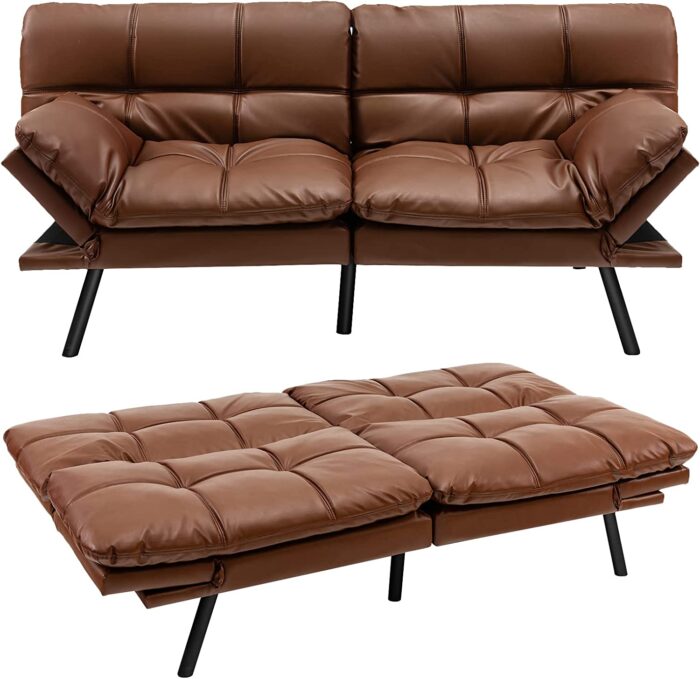 COSTWAY 2 Seater Convertible Sofa Bed, Click Clack Sleeper Couch with Reclining Backrest, Adjustable Armrests & 6 Metal Legs, Padded Loveseat Sofa for Living Room and Bedroom (PU Leather, Brown)