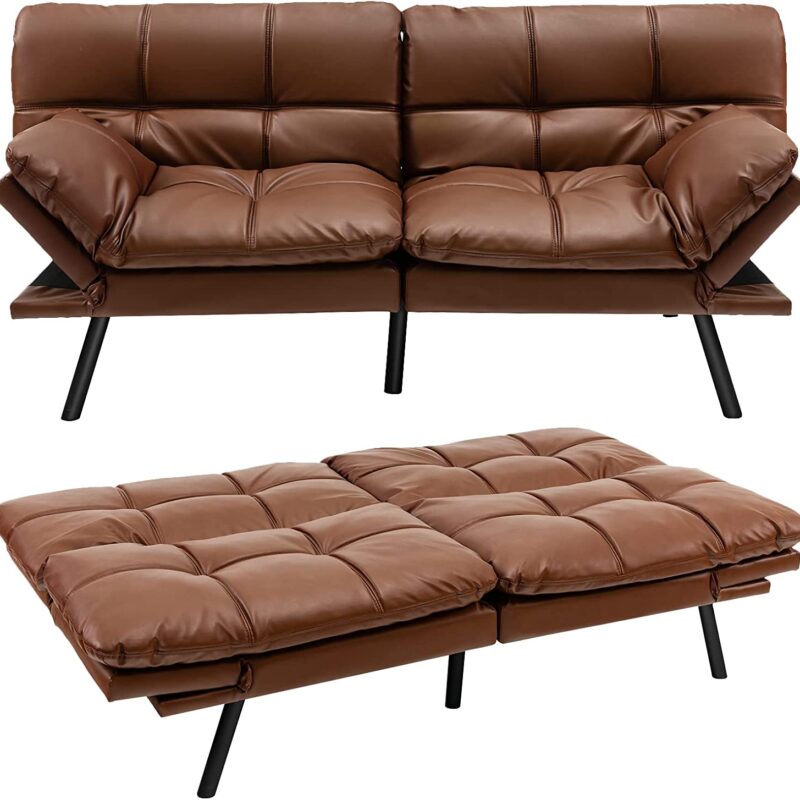 COSTWAY 2 Seater Convertible Sofa Bed, Click Clack Sleeper Couch with Reclining Backrest, Adjustable Armrests & 6 Metal Legs, Padded Loveseat Sofa for Living Room and Bedroom (PU Leather, Brown)