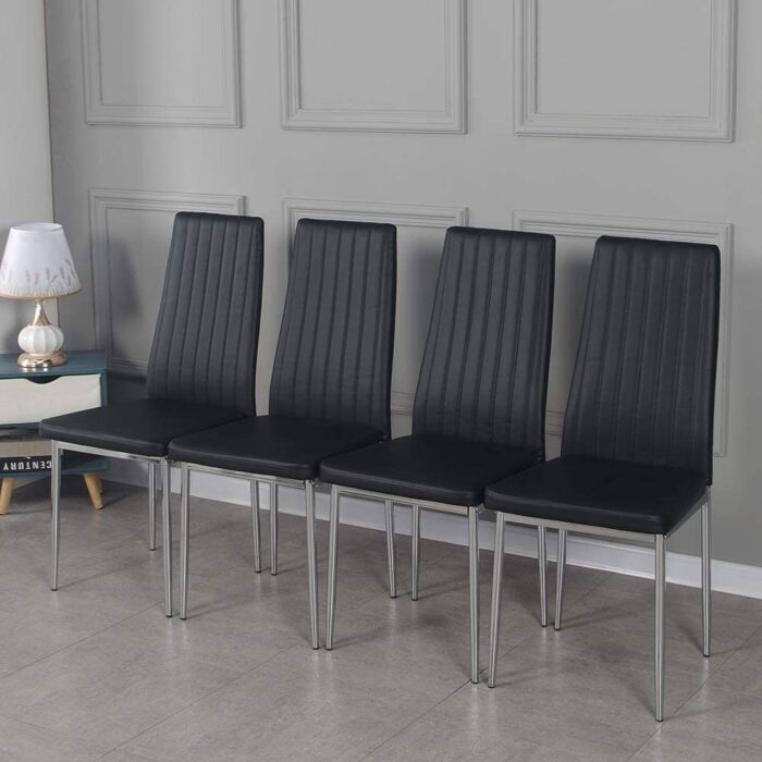 Panana Dining Table and Chairs Set 4, Modern Black Glass Dinning Table With 4 High Back Padded Faux Leather Chairs Set (Black A 105cm table+4 Chairs) - Image 7