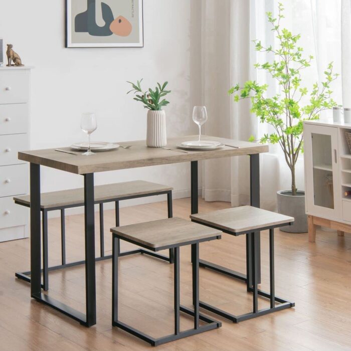 GiantexUK 4PCS Dining Set, Wooden Table with 2 Stools and Bench, Space Saving Kitchen Dining Room Sets for Restaurant Bar Cafe - Image 2